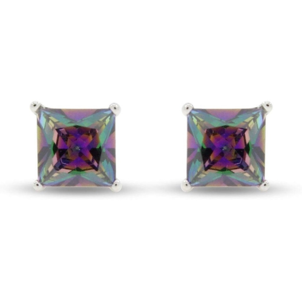 14k 925 Mystic Fire Topaz Princess Cut Solitaire Earrings
